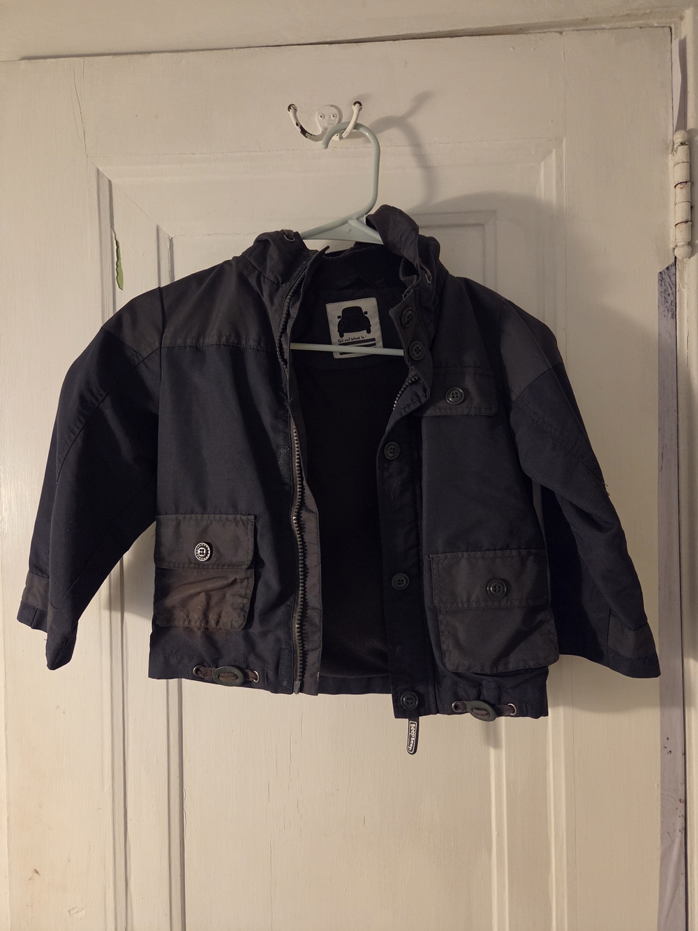 Kids Black Hooded Jacket with Button & Zip Closure